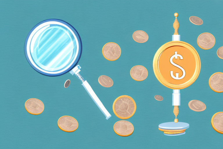 A stack of coins with a magnifying glass hovering over them
